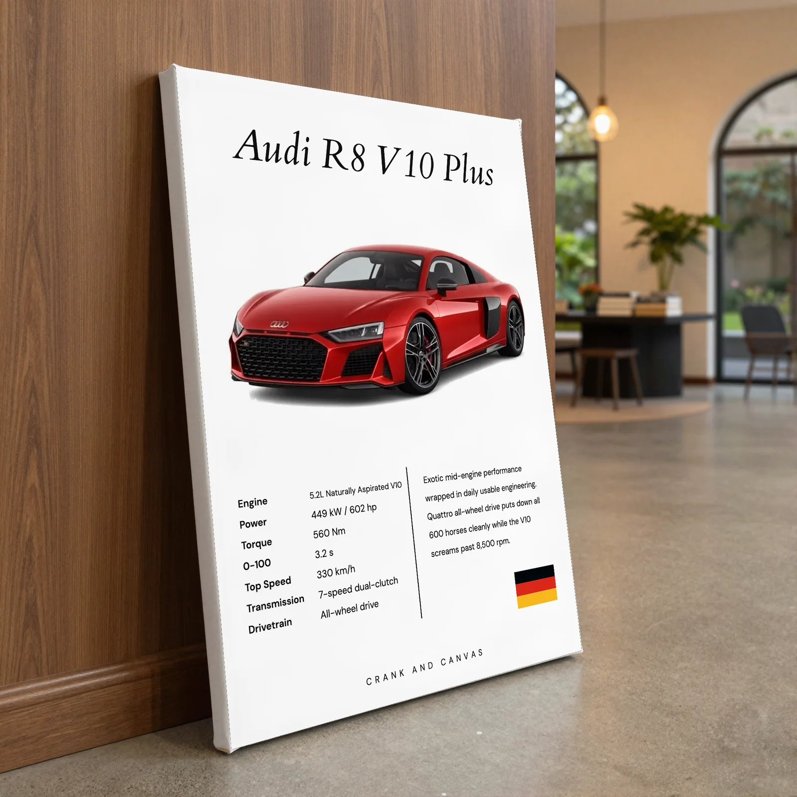 Audi R8 V10 Plus canvas above a cream sofa in a bright lounge
