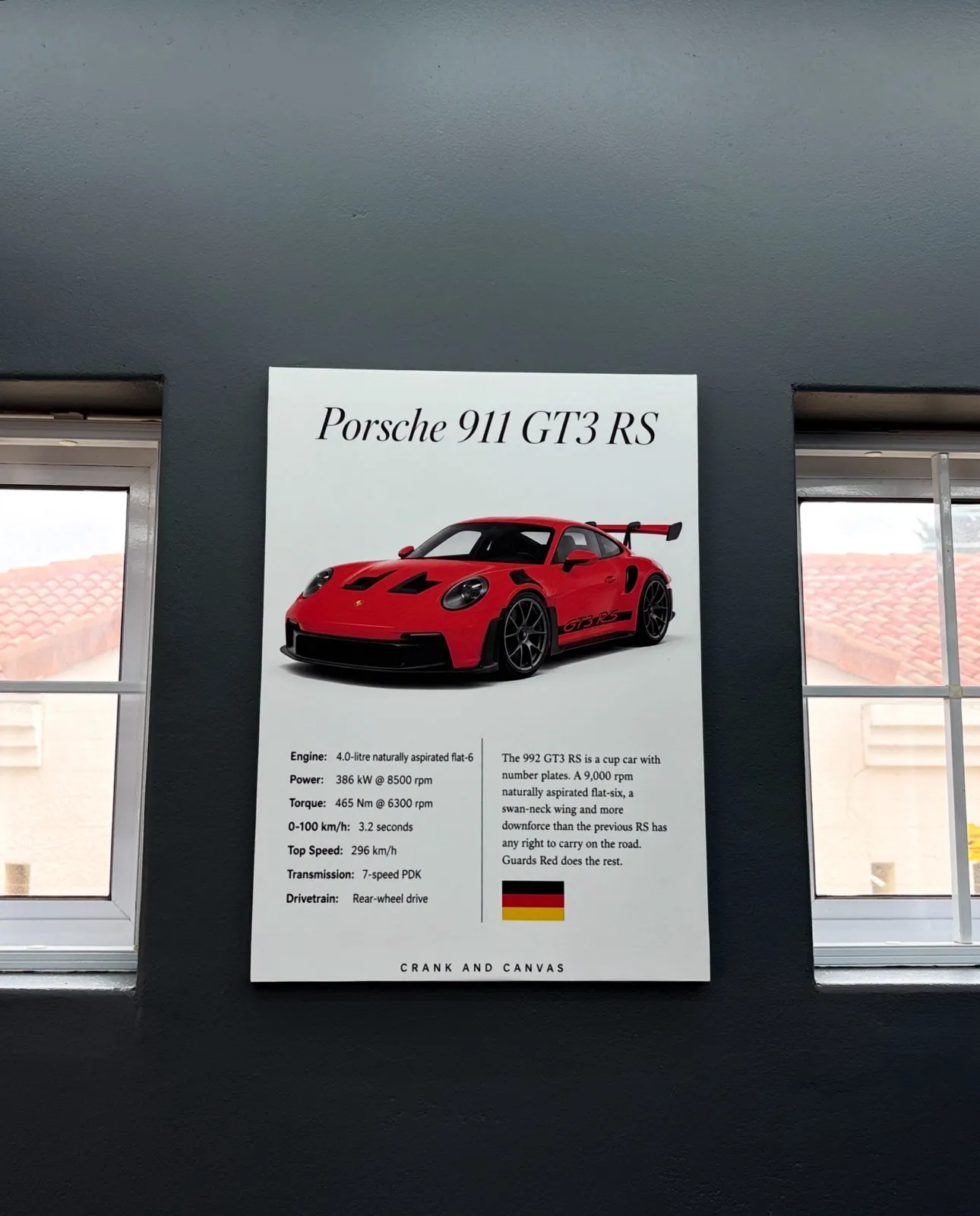 Commissioned Porsche 911 GT3 RS canvas hung between two garage windows